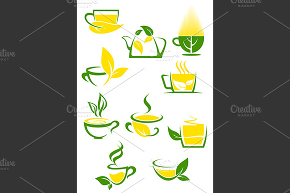 Green Tea Icons With Outlined Cups A