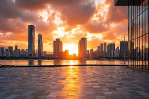 Cityscape Sunset Urban Skyline Moder, a Photo by Pixeness Studio