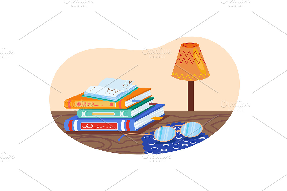 Book stack on desk table workplace, an Education Illustration by vectorpointstudio