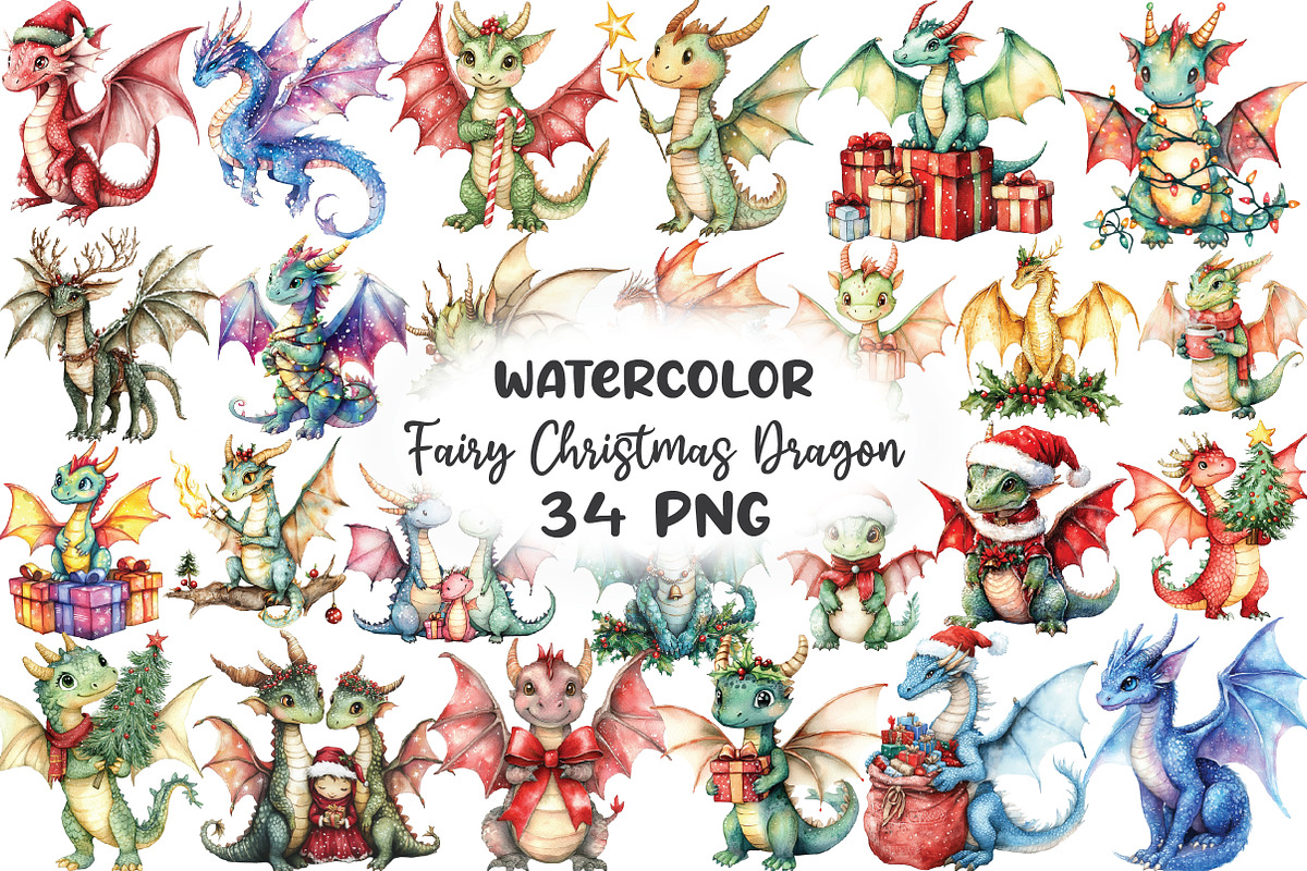 Fairy Christmas Dragon Clipart, an Illustration by CraftArtStudio (Photo 1 of 6)