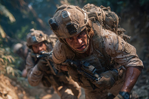 Soldiers in camouflage gear advance, a Photo by Pixeness Studio