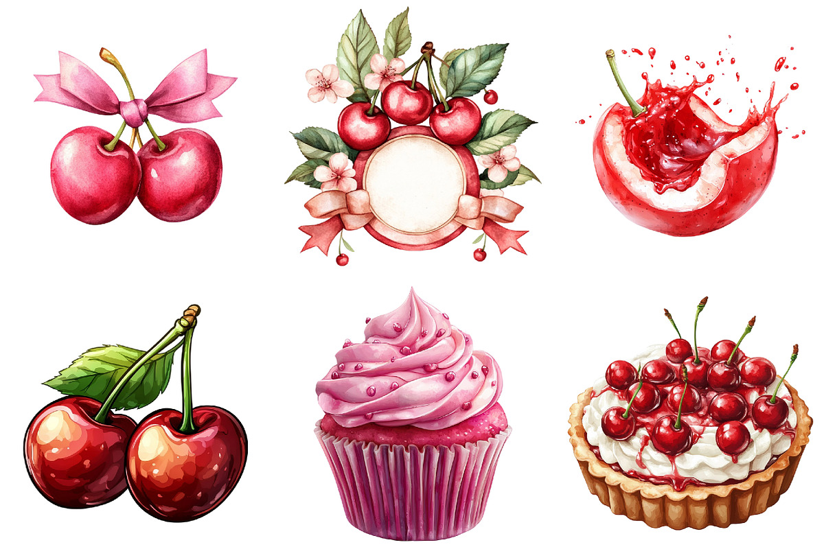 Cherry Fruit Clipart, Berries Cherry, an Illustration by Watercolor design (Photo 3 of 5)