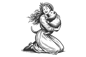 Woman embracing possum engraving, a Person Illustration by AlexArt