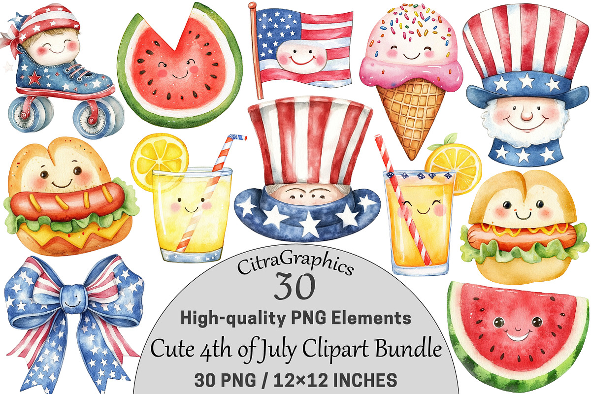 Cute 4th of July Clipart Bundle, a Seasonal Illustration by CitraGraphics (Photo 1 of 6)