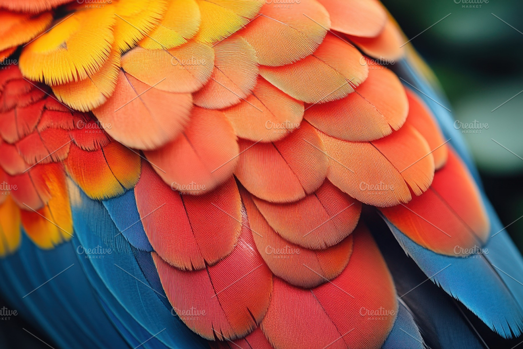 Bright and vivid feathers of a parro, a Photo by Tanuart
