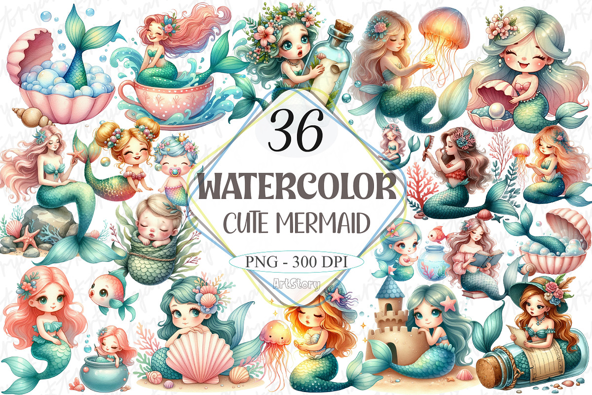 Cute Mermaid Watercolor Clipart, a Graphic by designcity5 (Photo 1 of 5)