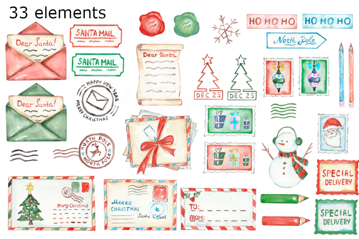 Christmas mail watercolor clip art, a Background Graphic by GoodFairyClipArt (Photo 2 of 2)