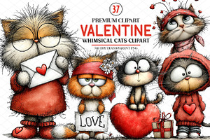 Whimsical Valentine Cats Clipart, an Illustration by cherrydesign