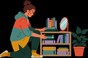 Young woman organizing books on a wo, a Person Photo by angellodeco