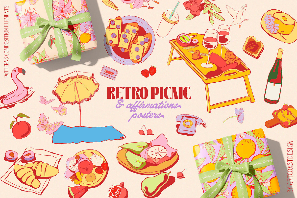 Retro Picnic & Affirmations Posters, a Food Illustration by nadispasibenko (Photo 1 of 14)