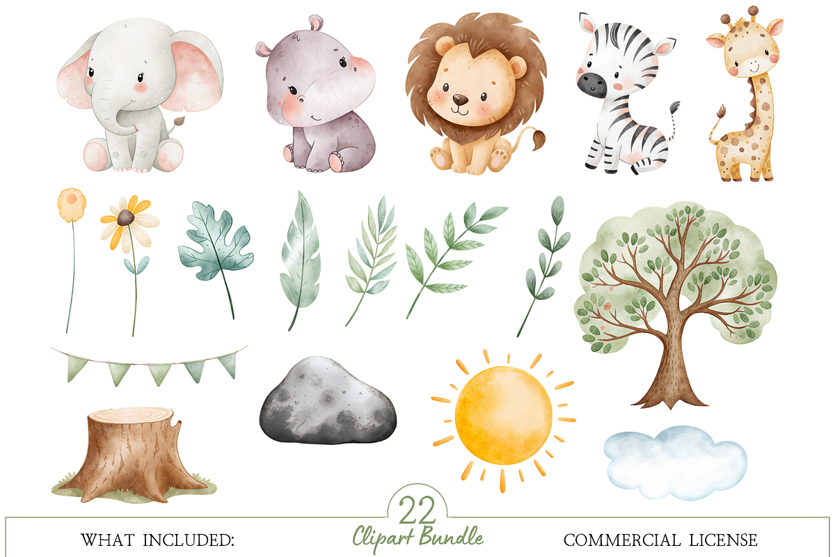 Safari Friends Watercolor Clipart, an Illustration by MockupWizard (Photo 2 of 4)