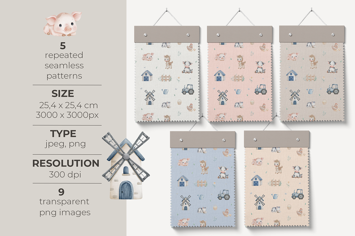 Farm Animals & Tractor Pattern Set, a Pattern Graphic by tetiartline (Photo 2 of 8)