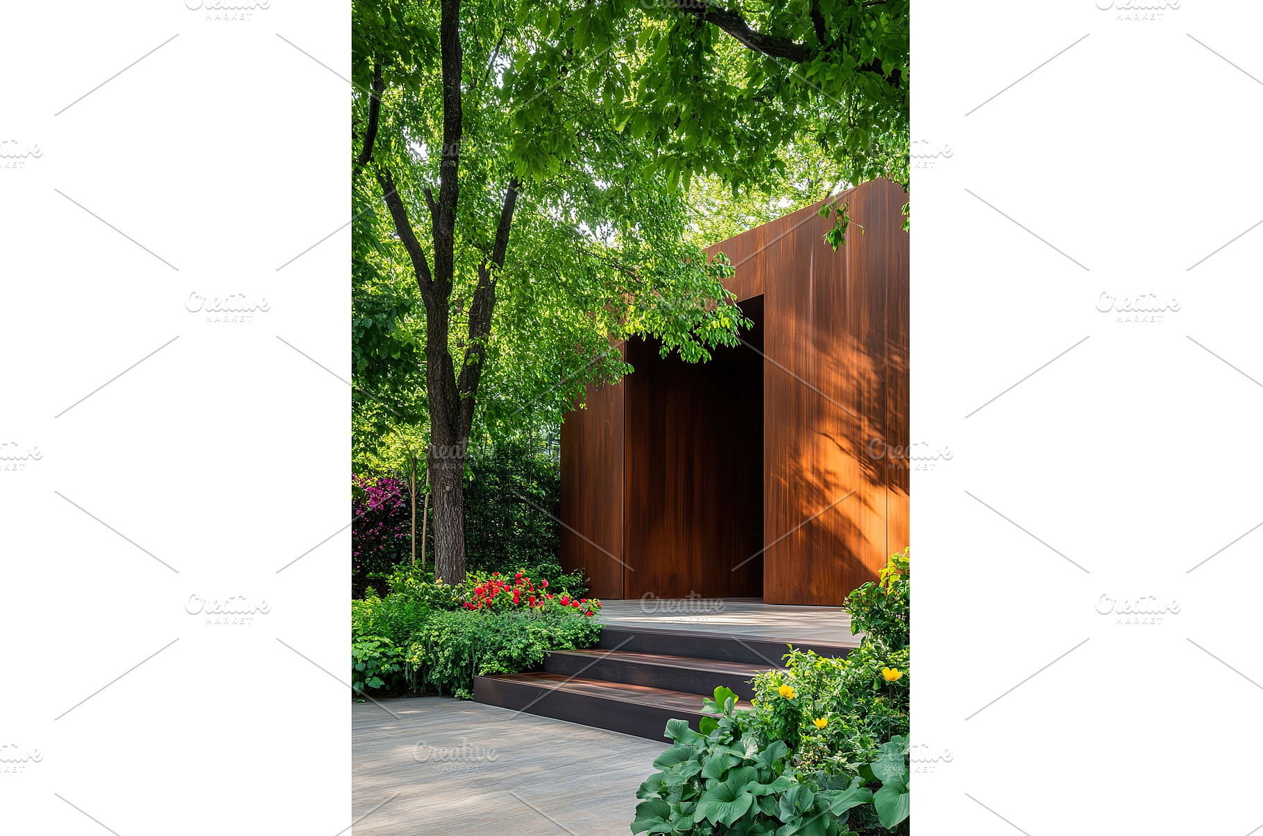 Modern wood pavilion surrounded by, a Nature Photo by Lermont51