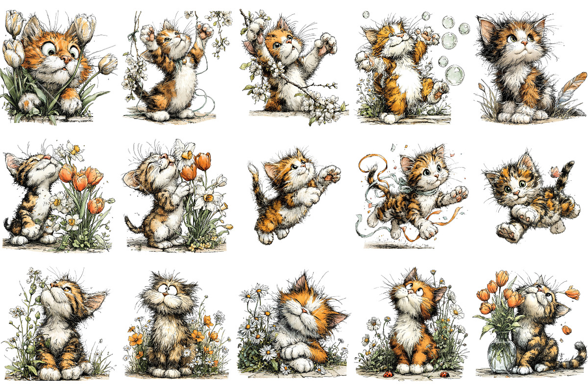 Whimsical Spring Cat Clipart, an Illustration by OK Design (Photo 3 of 6)