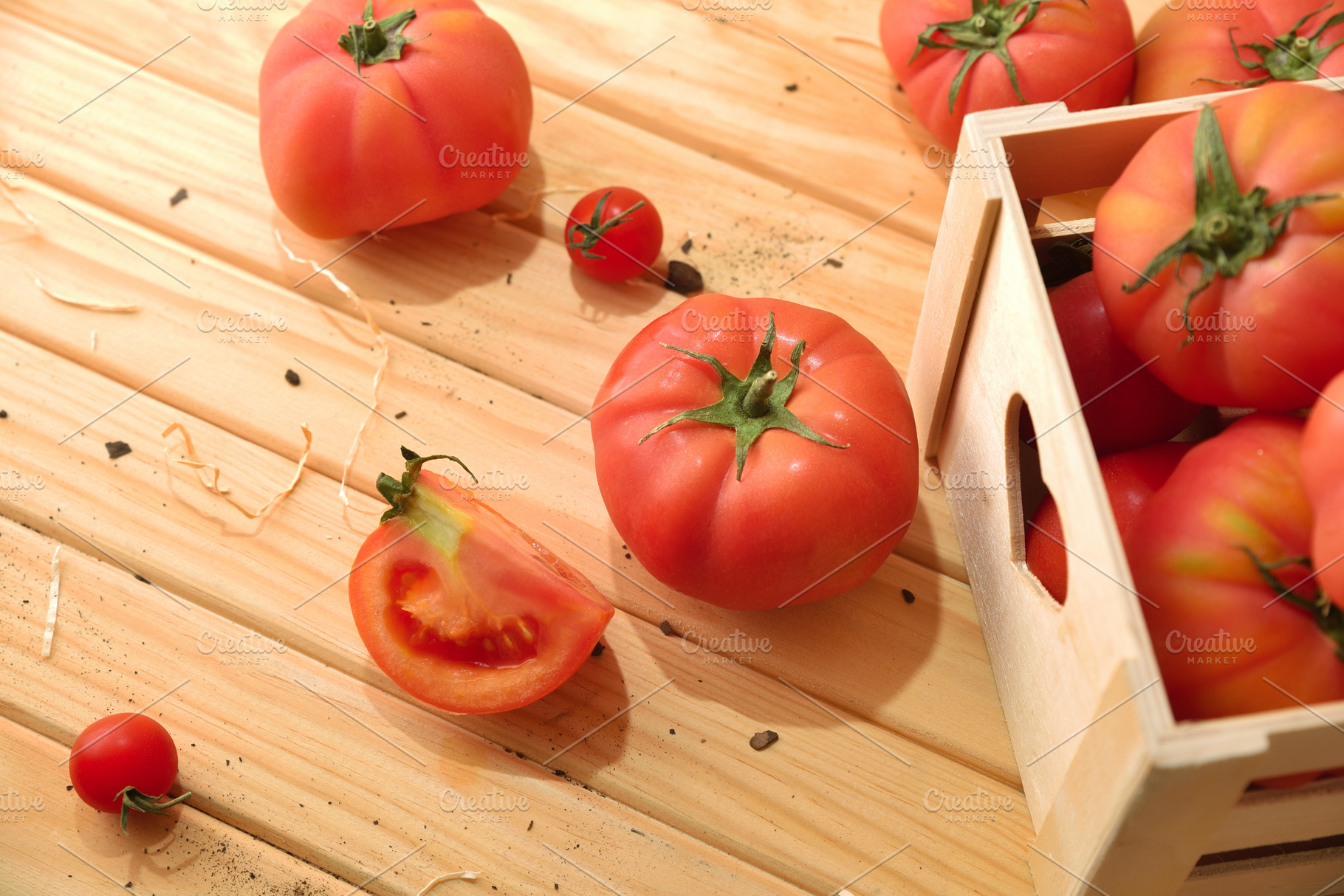 Fresh Tomatoes with Wooden Crate and Sliced Tomato, a Food & Drink Photo by Davizro's Market