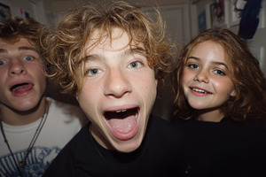 Three friends laugh and pose excitedly in a close up group photo, a Photo by AS photostudio