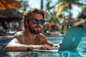 Man working on laptop while relaxing, a Photo by Tanuart