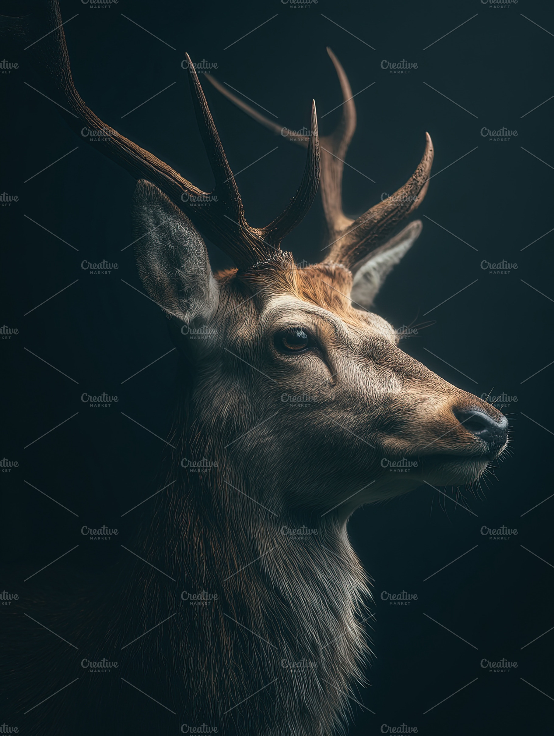 Close-up profile of a stag with striking antlers against a dark, an Animal Photo by Ales Munt