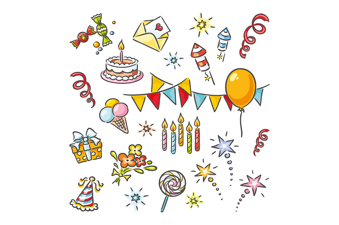 Cartoon birthday party things set, an Illustration by Bubert Art