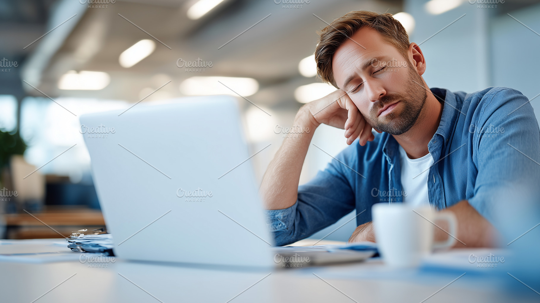 Tired man with closed eyes rests, a Business Photo by MistyDay
