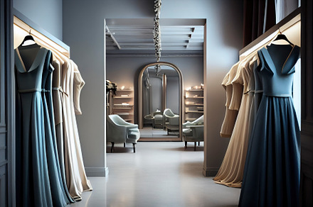 interior of a haute couture evening dress shop. High fashion con
