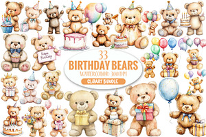 Watercolor Birthday Bears Clipart, an Illustration by Pixels.Craft