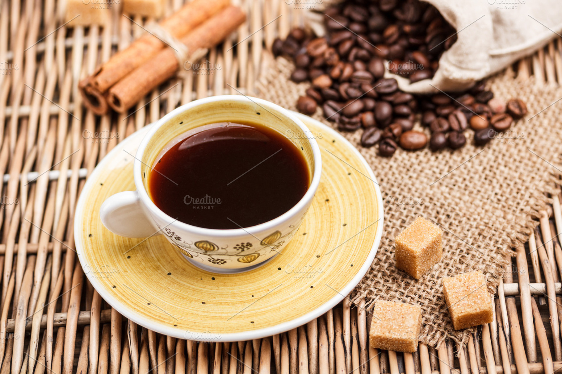 Coffee cup featuring bamboo, bean, and beans