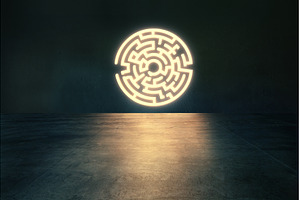 Glowing circular maze symbol in dark, a Background Photo by Gladkov photography