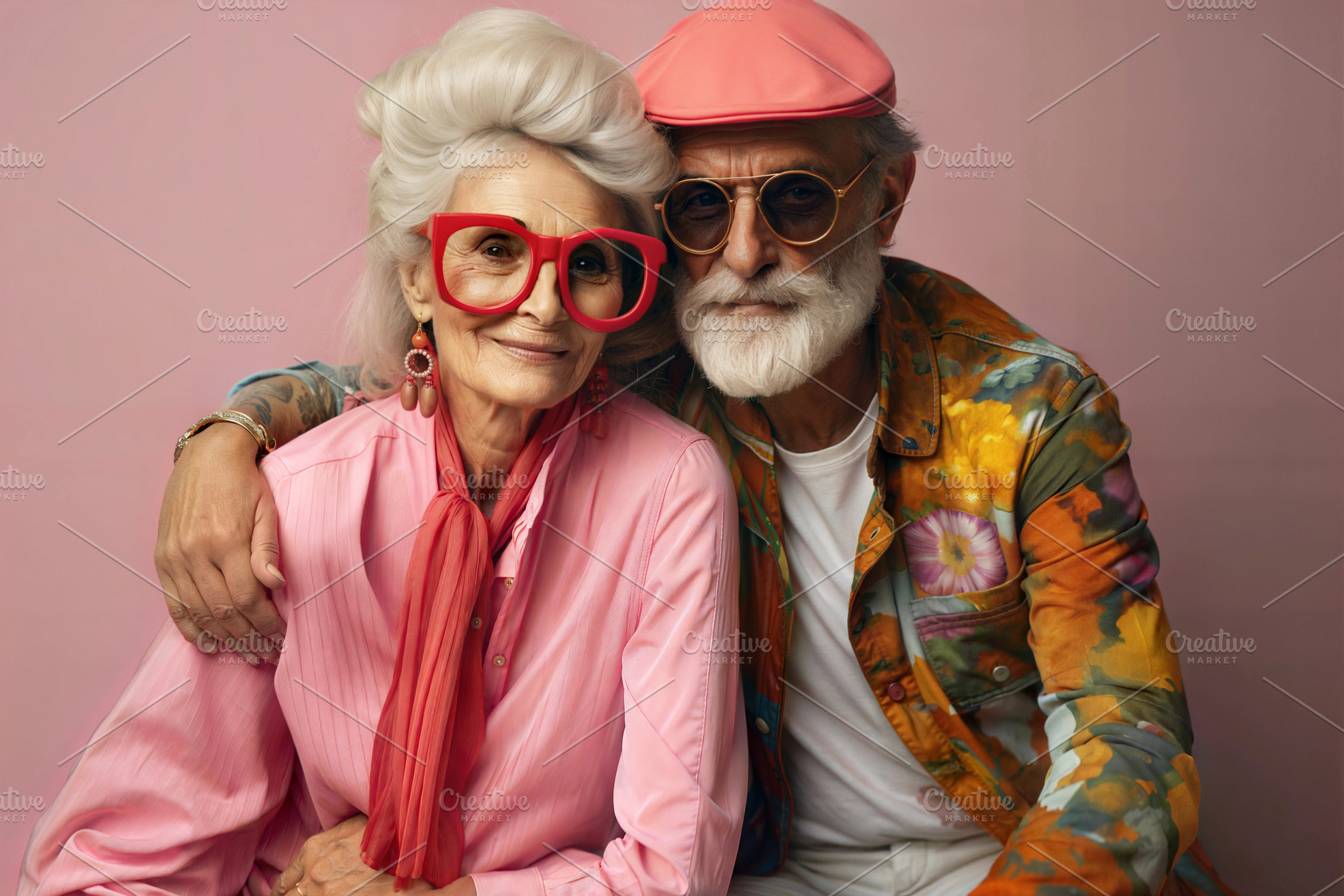 Stylish elderly couple in colorful outfits posing against a pink, a Person Photo by ImageMir