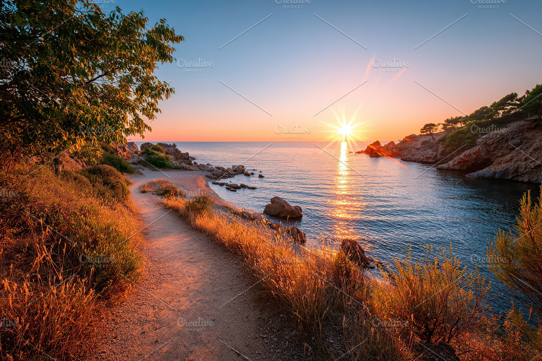 Walking along a serene coastal path at golden hour near the peaceful shoreline, a Nature Photo by AlyaAnd