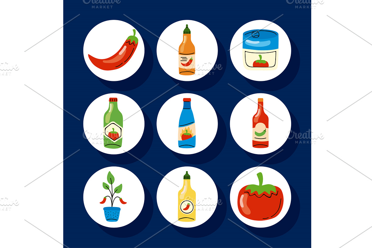 nine chili sauce icons, a Food Illustration by studiogstock