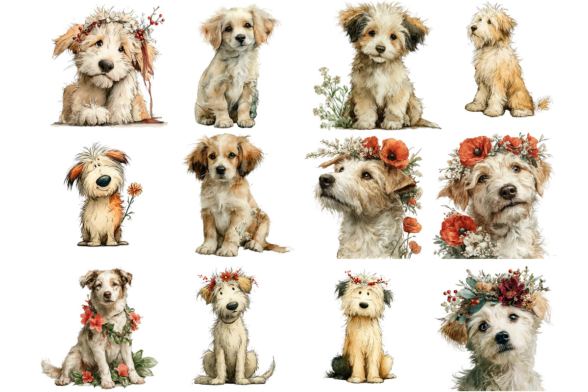 Whimsical Dogs Floral Clipart, an Illustration by DreamArtGraphic (Photo 2 of 4)