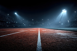 Night stadium running track athletic, a Photo by Pixeness Studio