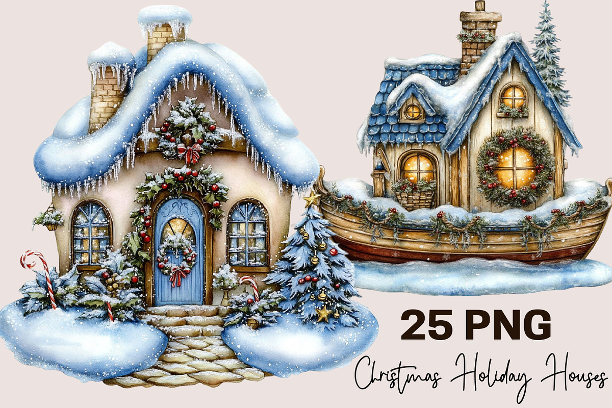 Whimsical Christmas Holiday Houses, a Seasonal Illustration by SVGArt (Photo 1 of 5)