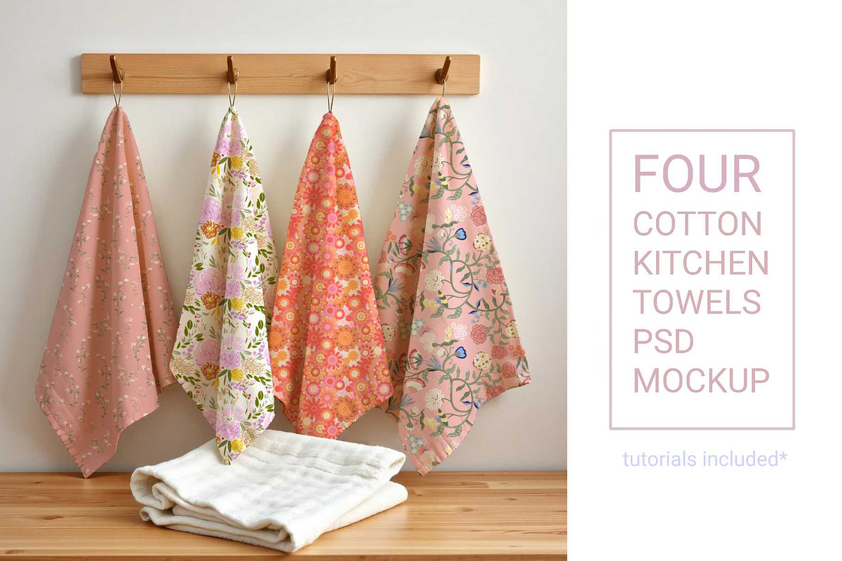 4 Kitchen towels on hooks PSD MOCKUP, a Household Mockup by jenartstudio (Photo 2 of 2)