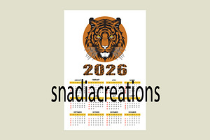 Tiger Calendar 2026, a Stationery Template by snadiacreations
