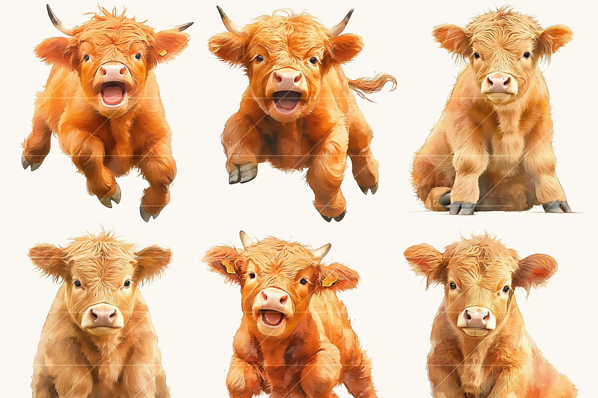 Watercolor Highland Cows Clipart, an Animal Illustration by BusyDaydesign (Photo 5 of 8)