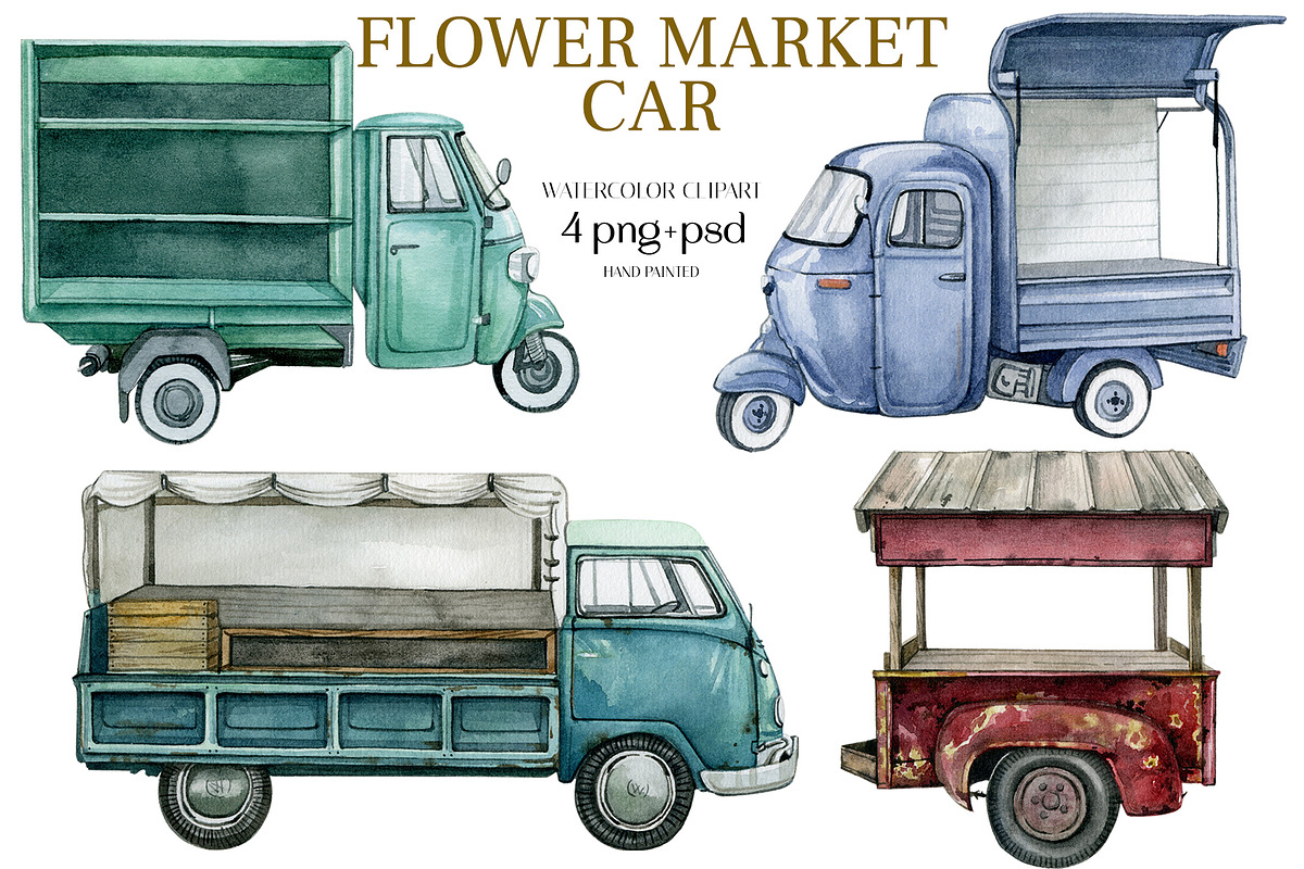 Watercolor farm food market car, a Transportation Illustration by yana.fefelova (Photo 1 of 4)