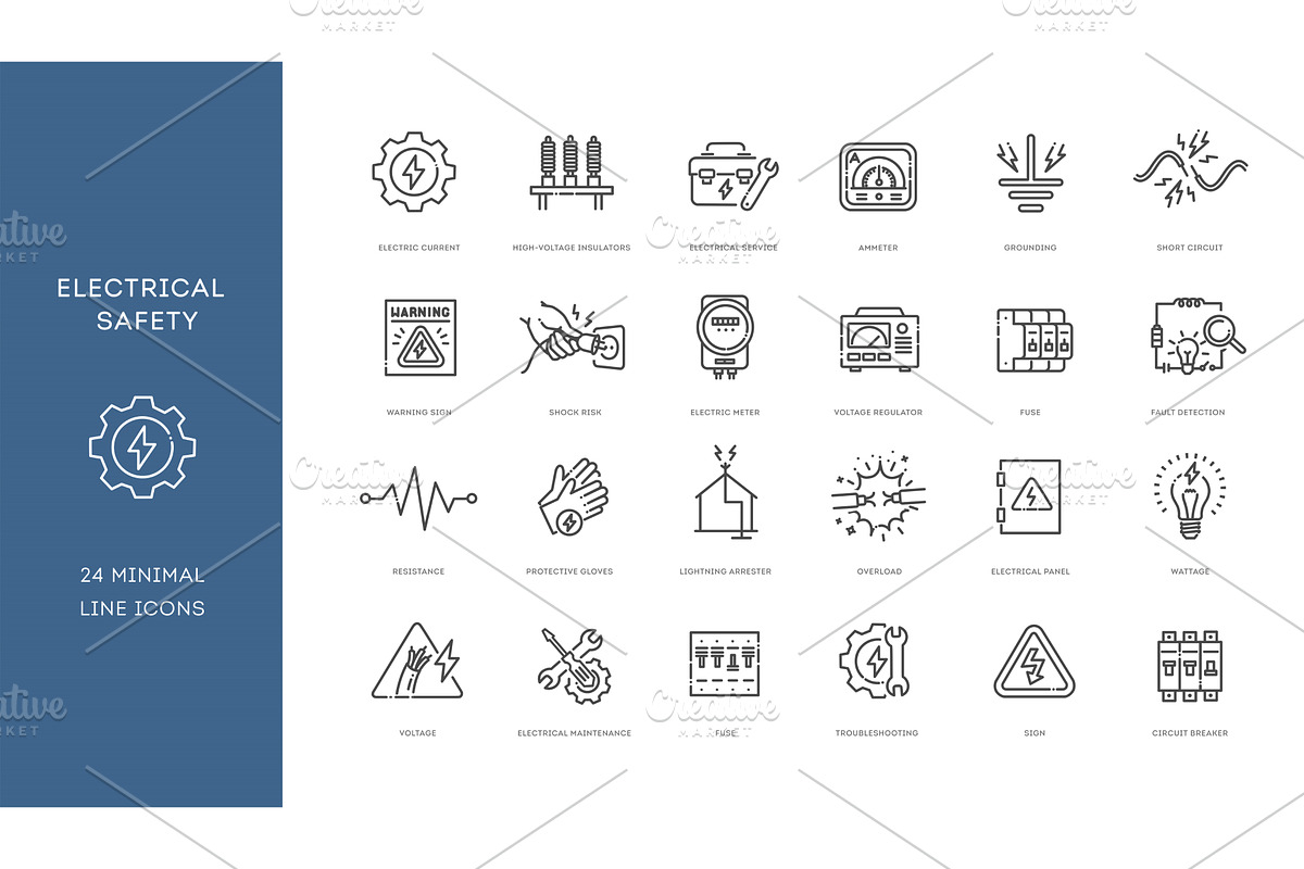 Electrical safety line icons, an Outline Icon by Tettygreen (Photo 1 of 2)