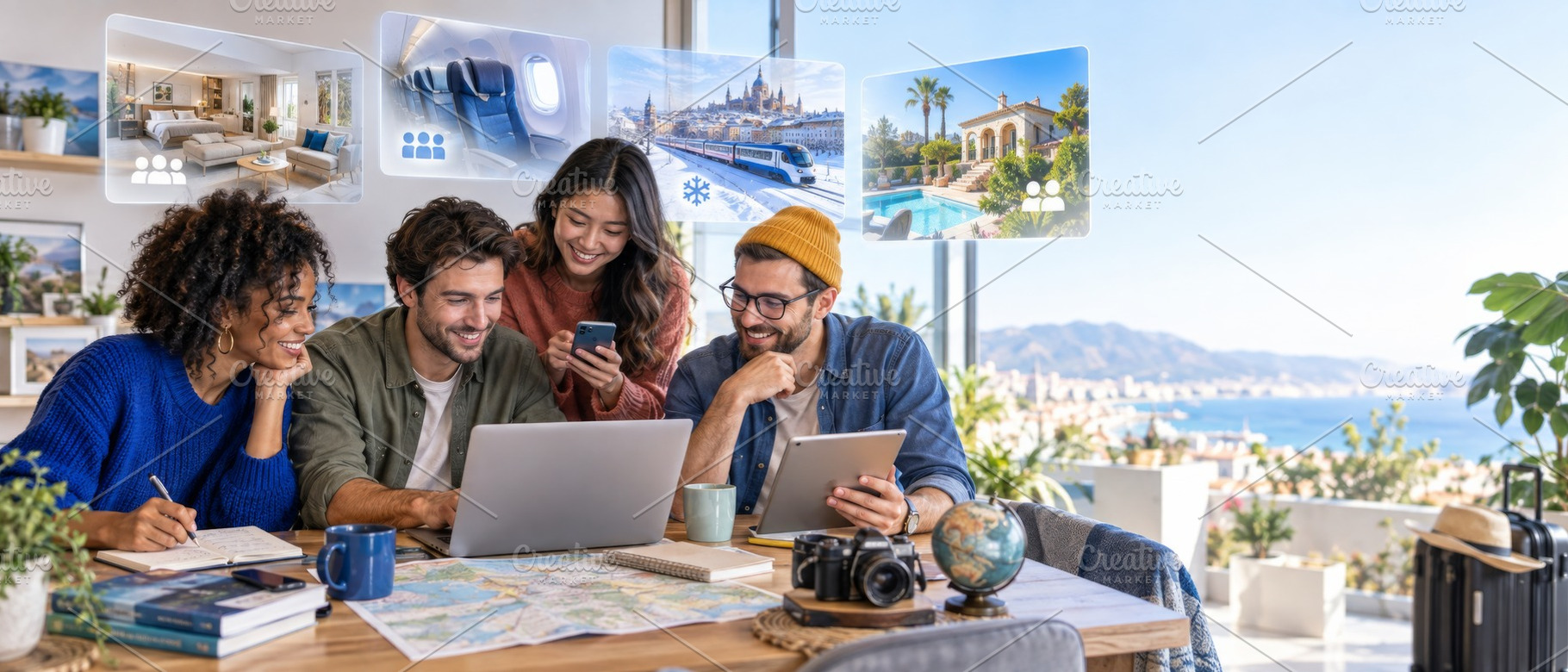 Friends planning holiday travel book, a Photo by Dvoevnore photos