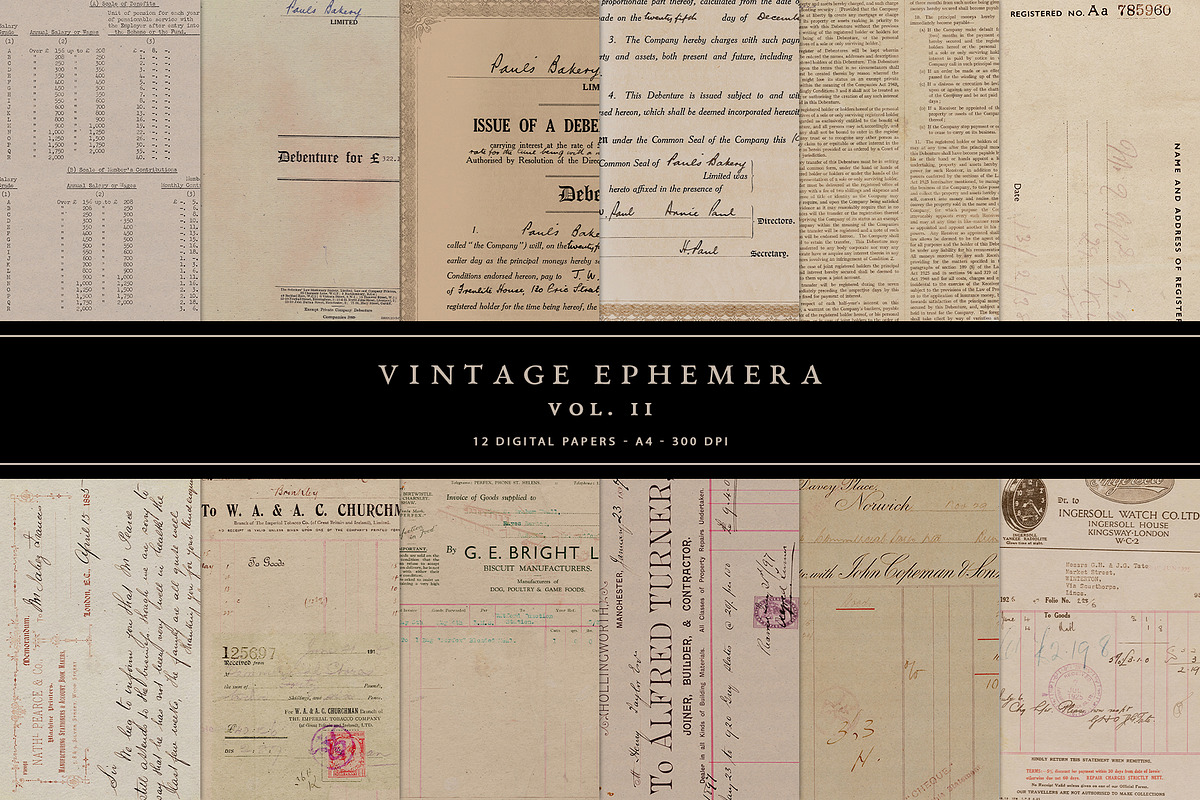 12 Vintage Ephemera Digital Papers, a Background Graphic by With Love Ethel