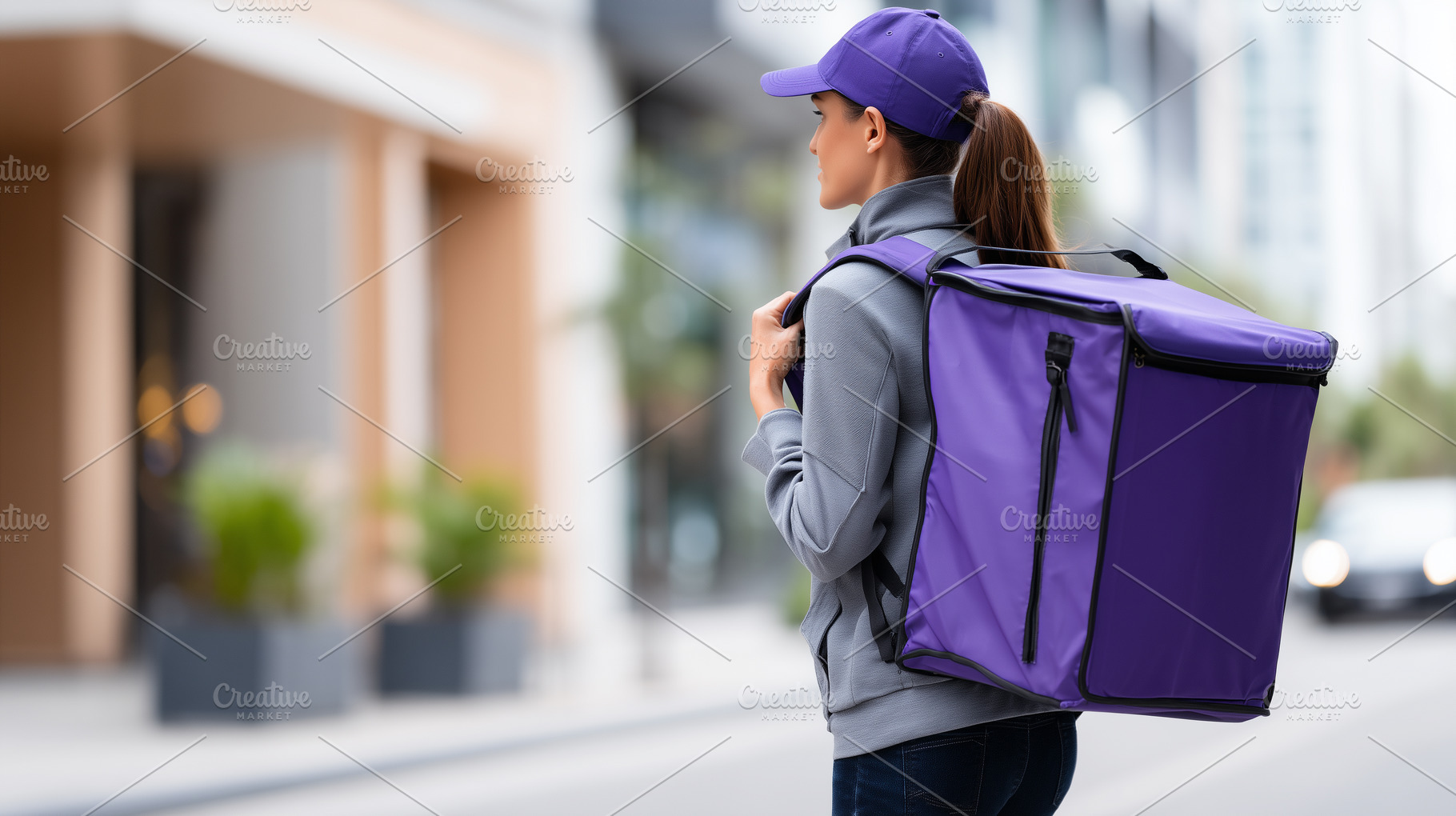 Female courier with purple insulated, a Business Photo by MistyDay