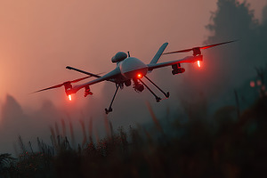 Military drone at dusk over misty forest with red navigation lights and surveil, a Photo by AS photostudio