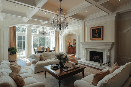 A luxurious Queen Anne house style living room featuring elegant white sofas, a, an Architecture Photo by Textures & Backgrounds