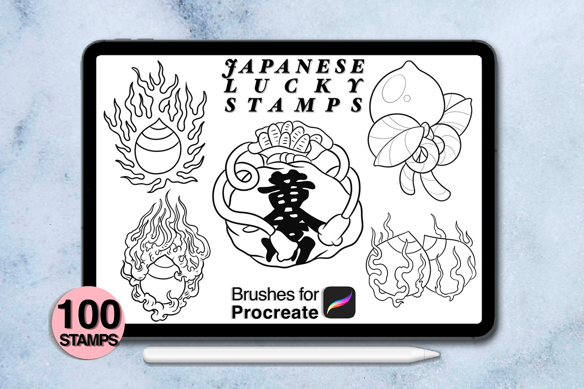 100 procreate Japanese lucky stamps, a Brush Add-On by Arts For Peace (Photo 8 of 9)