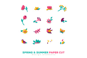 Summer And Spring Cute Paper Cut Design Elements