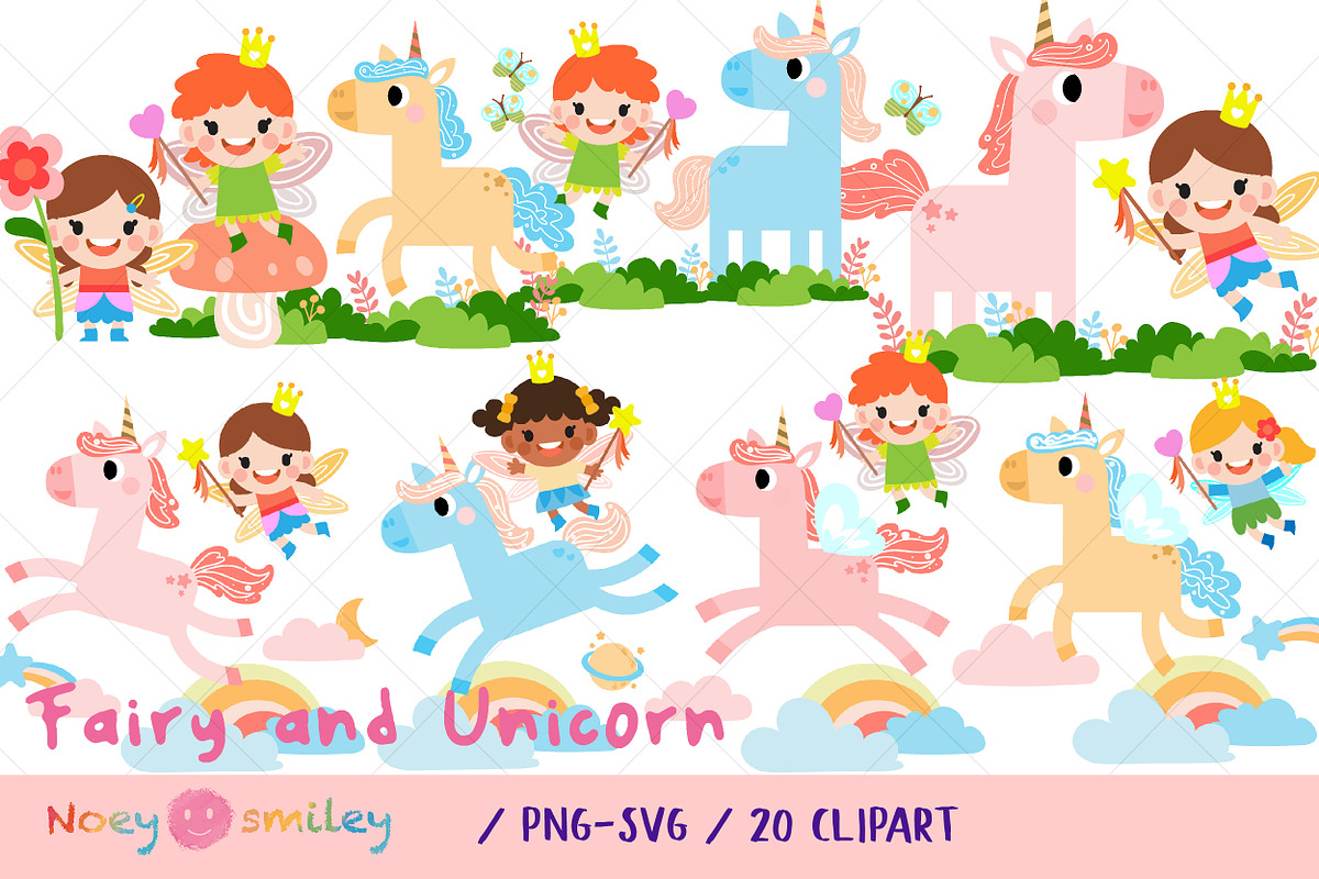 Fairy and Unicorn PNG SVG clipart, a Seasonal Illustration by Noey smiley (Photo 1 of 7)