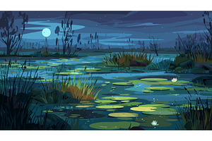 Night marsh. Swamp cartoon, an Illustration by Stock-Smart-Start