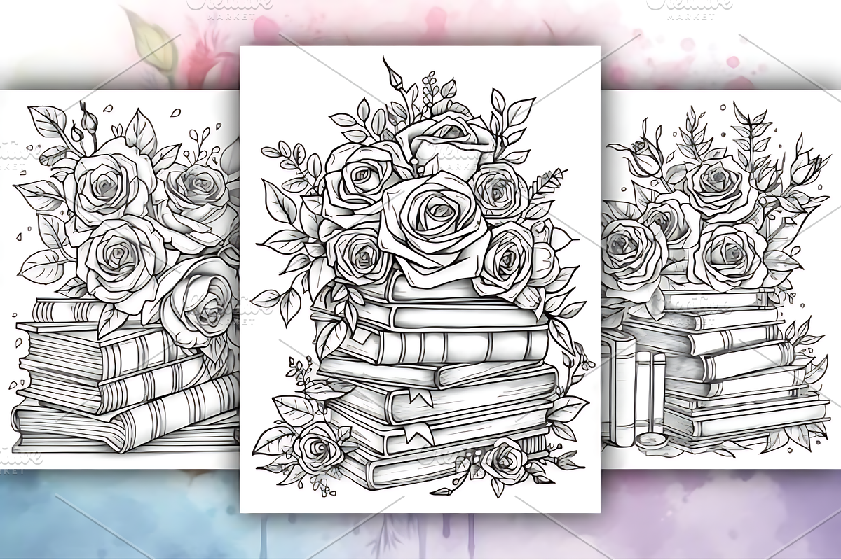 Books with Flowers Coloring Book, a Decorative Illustration by Design Station (Photo 4 of 4)