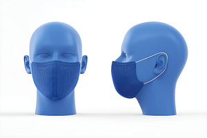 Two blue mannequin heads wearing blue textured face masks mockup, one in profil, a Mask Mockup by Textures & Backgrounds